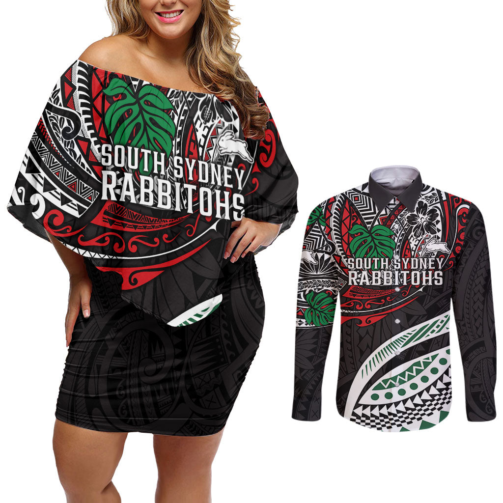 Personalised South Sydney Rabbitohs Couples Matching Off Shoulder Short Dress and Long Sleeve Button Shirt Polynesian Tribal Art Style With Powerful Rabbit Mascot