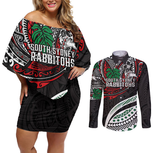 Personalised South Sydney Rabbitohs Couples Matching Off Shoulder Short Dress and Long Sleeve Button Shirt Polynesian Tribal Art Style With Powerful Rabbit Mascot