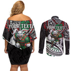 Personalised South Sydney Rabbitohs Couples Matching Off Shoulder Short Dress and Long Sleeve Button Shirt Polynesian Tribal Art Style With Powerful Rabbit Mascot