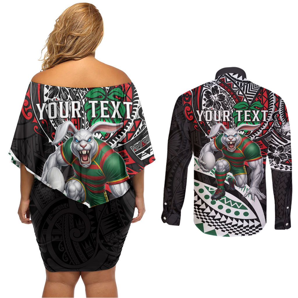 Personalised South Sydney Rabbitohs Couples Matching Off Shoulder Short Dress and Long Sleeve Button Shirt Polynesian Tribal Art Style With Powerful Rabbit Mascot