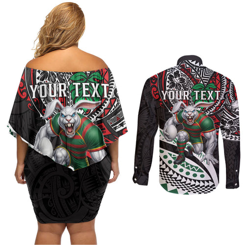 Personalised South Sydney Rabbitohs Couples Matching Off Shoulder Short Dress and Long Sleeve Button Shirt Polynesian Tribal Art Style With Powerful Rabbit Mascot