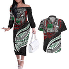 Personalised South Sydney Rabbitohs Couples Matching Off The Shoulder Long Sleeve Dress and Hawaiian Shirt Polynesian Tribal Art Style With Powerful Rabbit Mascot