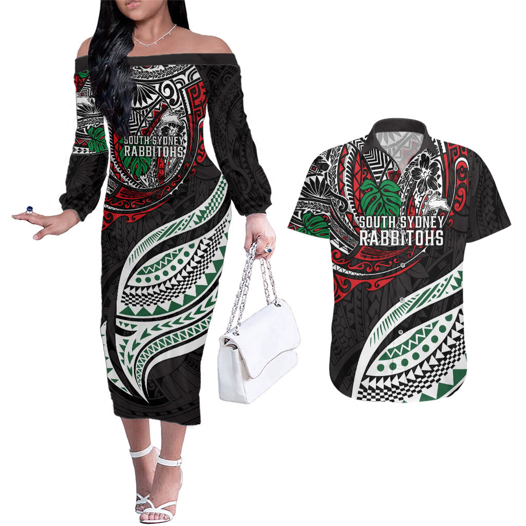 Personalised South Sydney Rabbitohs Couples Matching Off The Shoulder Long Sleeve Dress and Hawaiian Shirt Polynesian Tribal Art Style With Powerful Rabbit Mascot