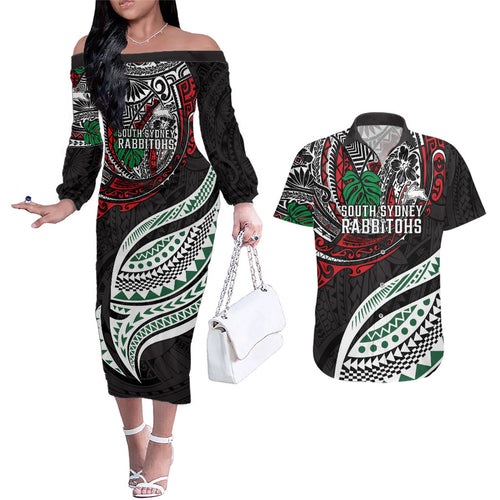 Personalised South Sydney Rabbitohs Couples Matching Off The Shoulder Long Sleeve Dress and Hawaiian Shirt Polynesian Tribal Art Style With Powerful Rabbit Mascot