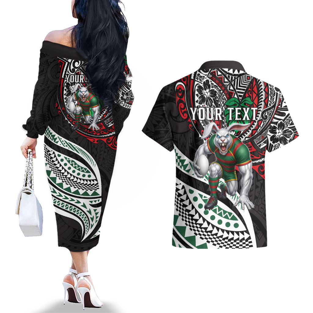 Personalised South Sydney Rabbitohs Couples Matching Off The Shoulder Long Sleeve Dress and Hawaiian Shirt Polynesian Tribal Art Style With Powerful Rabbit Mascot