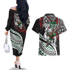 Personalised South Sydney Rabbitohs Couples Matching Off The Shoulder Long Sleeve Dress and Hawaiian Shirt Polynesian Tribal Art Style With Powerful Rabbit Mascot