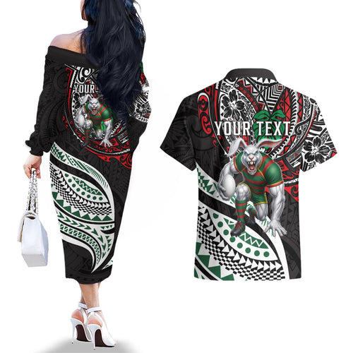 Personalised South Sydney Rabbitohs Couples Matching Off The Shoulder Long Sleeve Dress and Hawaiian Shirt Polynesian Tribal Art Style With Powerful Rabbit Mascot