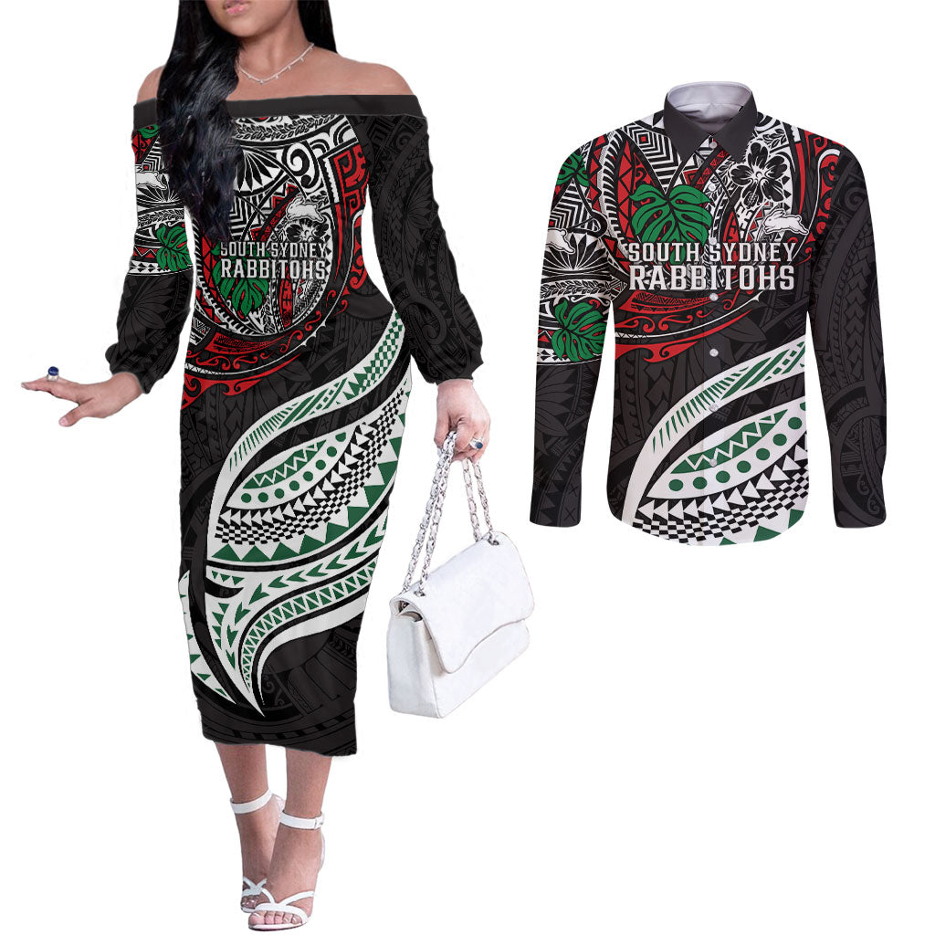 Personalised South Sydney Rabbitohs Couples Matching Off The Shoulder Long Sleeve Dress and Long Sleeve Button Shirt Polynesian Tribal Art Style With Powerful Rabbit Mascot