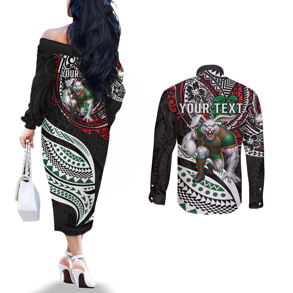 Personalised South Sydney Rabbitohs Couples Matching Off The Shoulder Long Sleeve Dress and Long Sleeve Button Shirt Polynesian Tribal Art Style With Powerful Rabbit Mascot