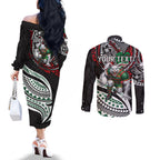 Personalised South Sydney Rabbitohs Couples Matching Off The Shoulder Long Sleeve Dress and Long Sleeve Button Shirt Polynesian Tribal Art Style With Powerful Rabbit Mascot