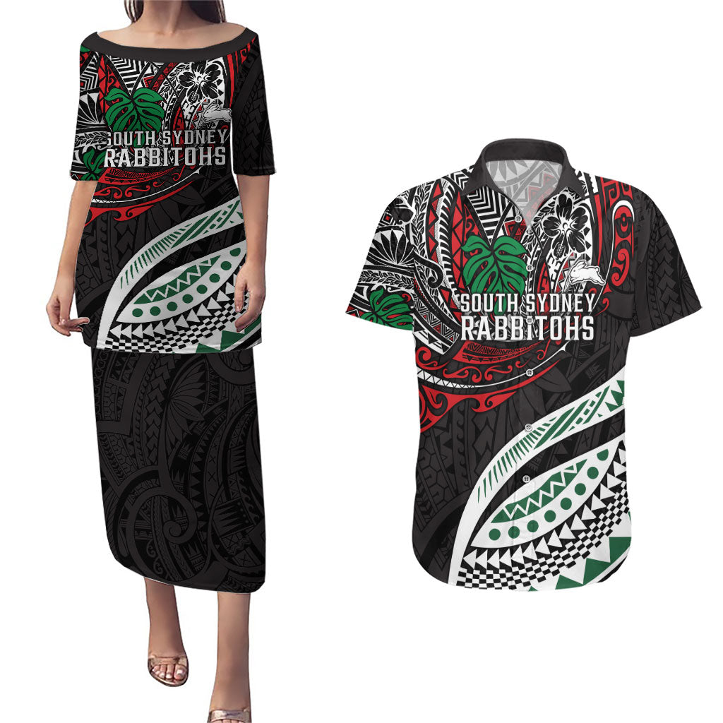 Personalised South Sydney Rabbitohs Couples Matching Puletasi and Hawaiian Shirt Polynesian Tribal Art Style With Powerful Rabbit Mascot