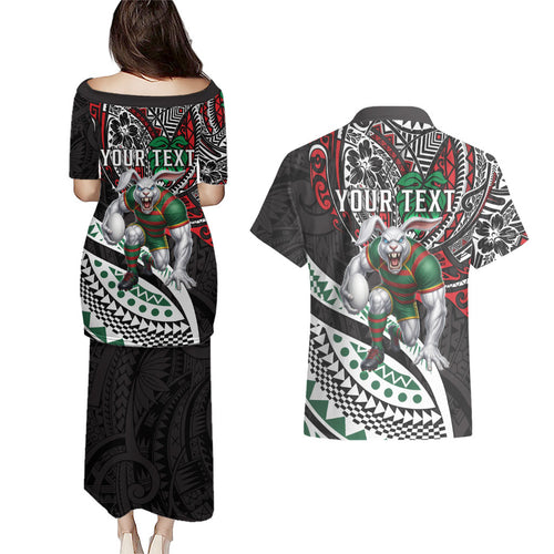 Personalised South Sydney Rabbitohs Couples Matching Puletasi and Hawaiian Shirt Polynesian Tribal Art Style With Powerful Rabbit Mascot