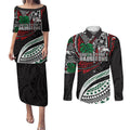 Personalised South Sydney Rabbitohs Couples Matching Puletasi and Long Sleeve Button Shirt Polynesian Tribal Art Style With Powerful Rabbit Mascot