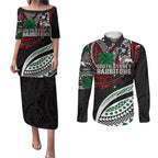 Personalised South Sydney Rabbitohs Couples Matching Puletasi and Long Sleeve Button Shirt Polynesian Tribal Art Style With Powerful Rabbit Mascot