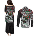 Personalised South Sydney Rabbitohs Couples Matching Puletasi and Long Sleeve Button Shirt Polynesian Tribal Art Style With Powerful Rabbit Mascot