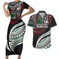 Personalised South Sydney Rabbitohs Couples Matching Short Sleeve Bodycon Dress and Hawaiian Shirt Polynesian Tribal Art Style With Powerful Rabbit Mascot