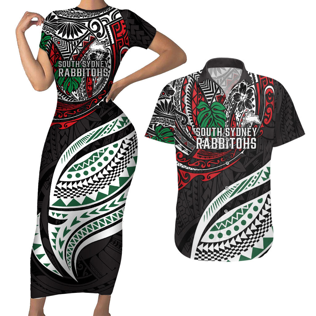Personalised South Sydney Rabbitohs Couples Matching Short Sleeve Bodycon Dress and Hawaiian Shirt Polynesian Tribal Art Style With Powerful Rabbit Mascot