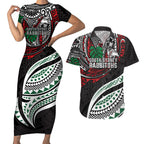 Personalised South Sydney Rabbitohs Couples Matching Short Sleeve Bodycon Dress and Hawaiian Shirt Polynesian Tribal Art Style With Powerful Rabbit Mascot