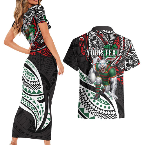 Personalised South Sydney Rabbitohs Couples Matching Short Sleeve Bodycon Dress and Hawaiian Shirt Polynesian Tribal Art Style With Powerful Rabbit Mascot