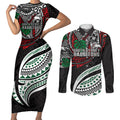 Personalised South Sydney Rabbitohs Couples Matching Short Sleeve Bodycon Dress and Long Sleeve Button Shirt Polynesian Tribal Art Style With Powerful Rabbit Mascot