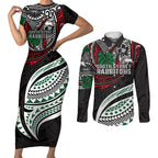 Personalised South Sydney Rabbitohs Couples Matching Short Sleeve Bodycon Dress and Long Sleeve Button Shirt Polynesian Tribal Art Style With Powerful Rabbit Mascot