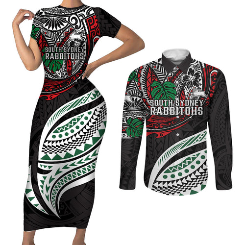 Personalised South Sydney Rabbitohs Couples Matching Short Sleeve Bodycon Dress and Long Sleeve Button Shirt Polynesian Tribal Art Style With Powerful Rabbit Mascot
