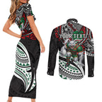 Personalised South Sydney Rabbitohs Couples Matching Short Sleeve Bodycon Dress and Long Sleeve Button Shirt Polynesian Tribal Art Style With Powerful Rabbit Mascot