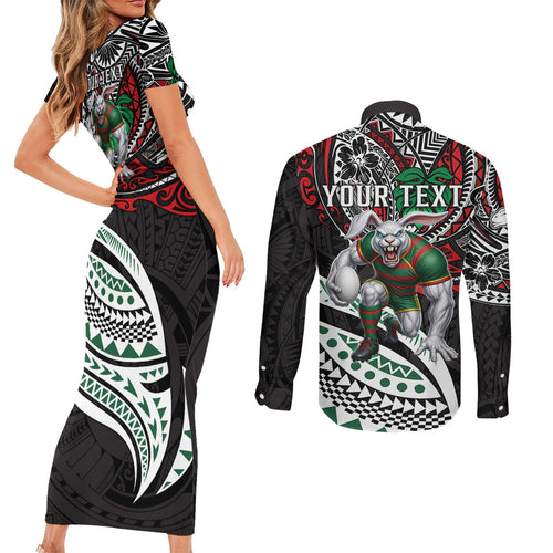 Personalised South Sydney Rabbitohs Couples Matching Short Sleeve Bodycon Dress and Long Sleeve Button Shirt Polynesian Tribal Art Style With Powerful Rabbit Mascot