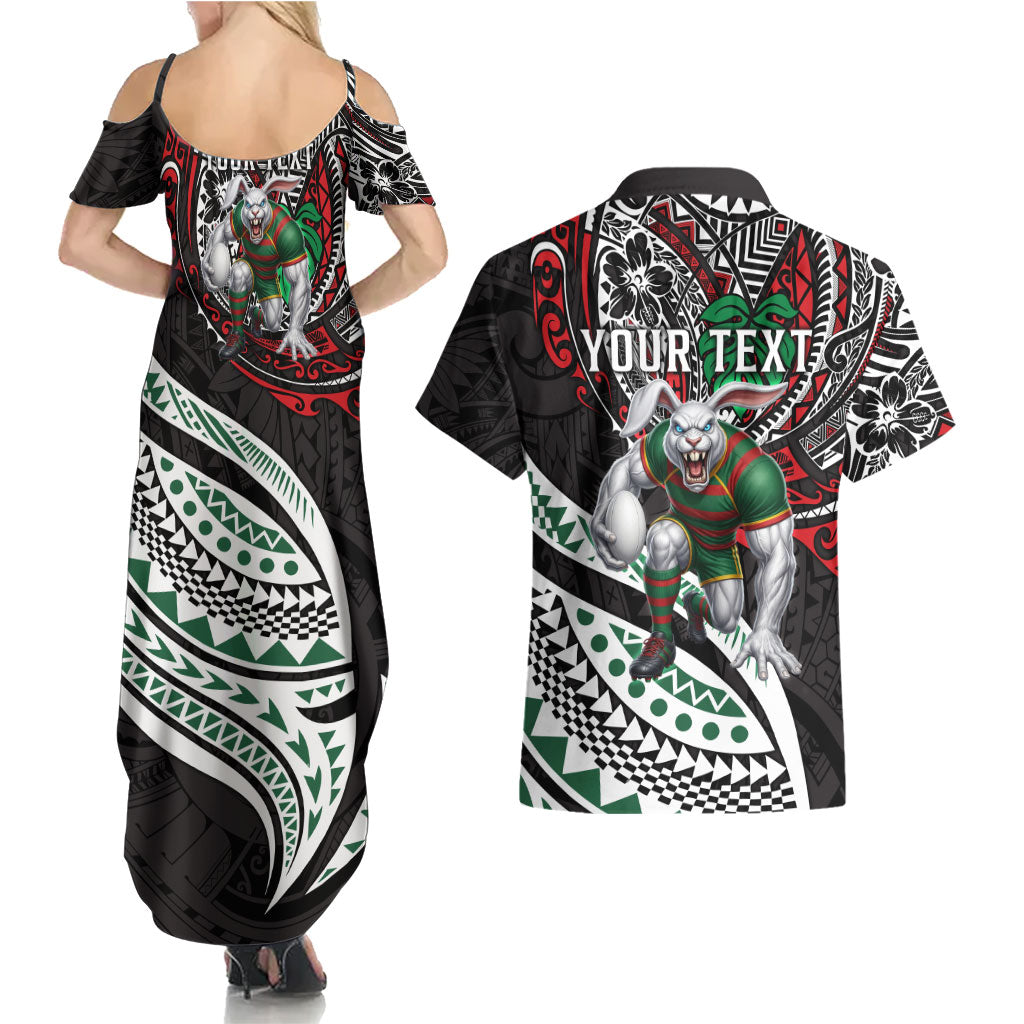 Personalised South Sydney Rabbitohs Couples Matching Summer Maxi Dress and Hawaiian Shirt Polynesian Tribal Art Style With Powerful Rabbit Mascot