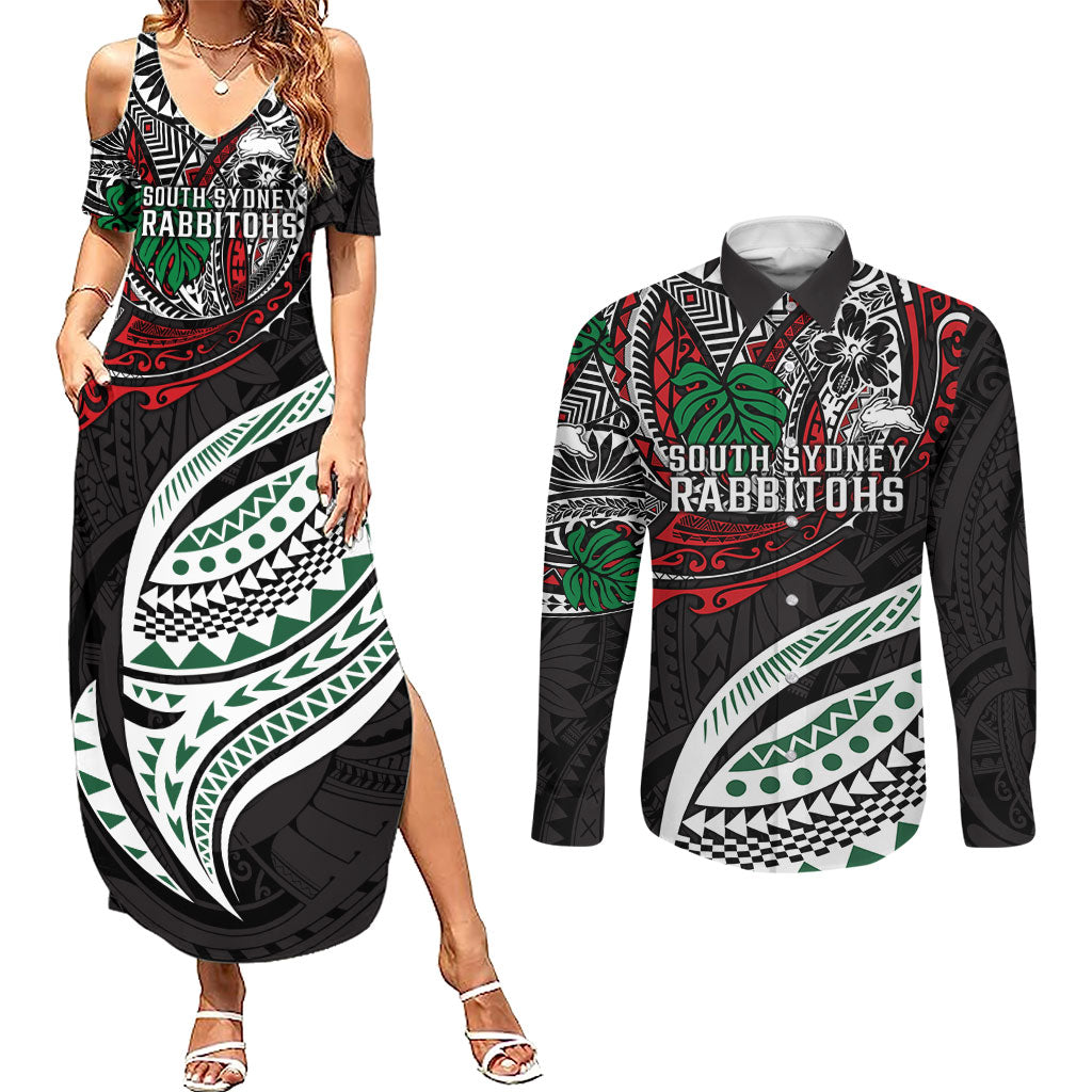 Personalised South Sydney Rabbitohs Couples Matching Summer Maxi Dress and Long Sleeve Button Shirt Polynesian Tribal Art Style With Powerful Rabbit Mascot
