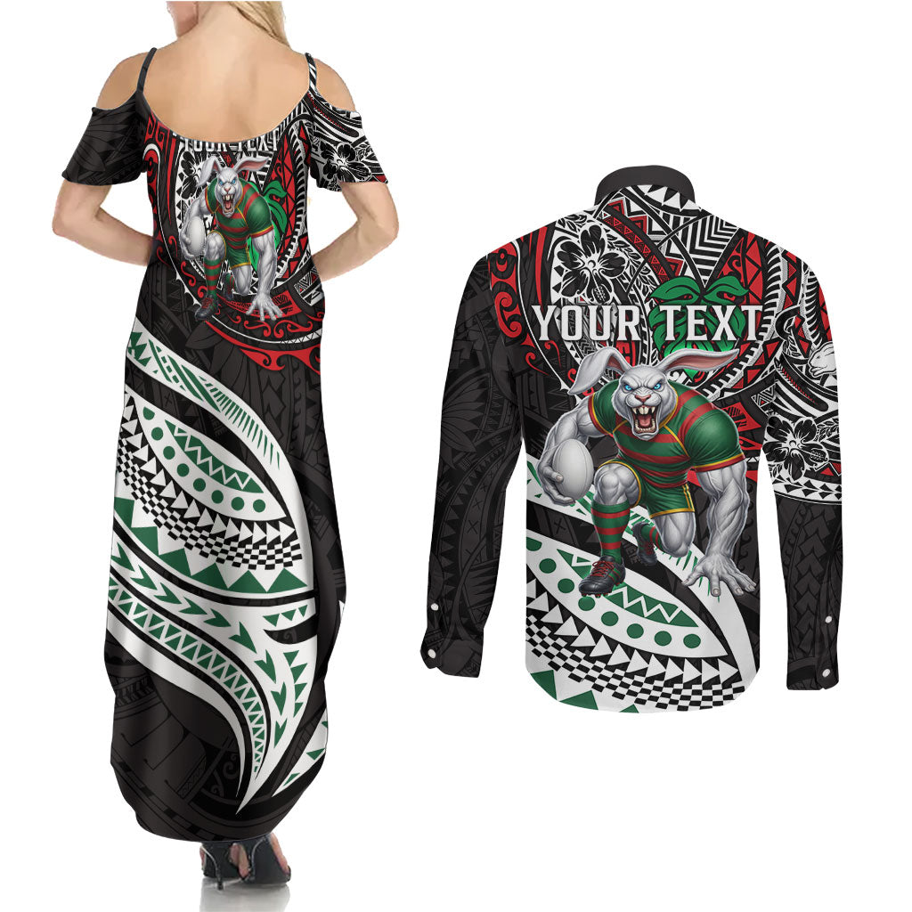 Personalised South Sydney Rabbitohs Couples Matching Summer Maxi Dress and Long Sleeve Button Shirt Polynesian Tribal Art Style With Powerful Rabbit Mascot