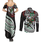 Personalised South Sydney Rabbitohs Couples Matching Summer Maxi Dress and Long Sleeve Button Shirt Polynesian Tribal Art Style With Powerful Rabbit Mascot