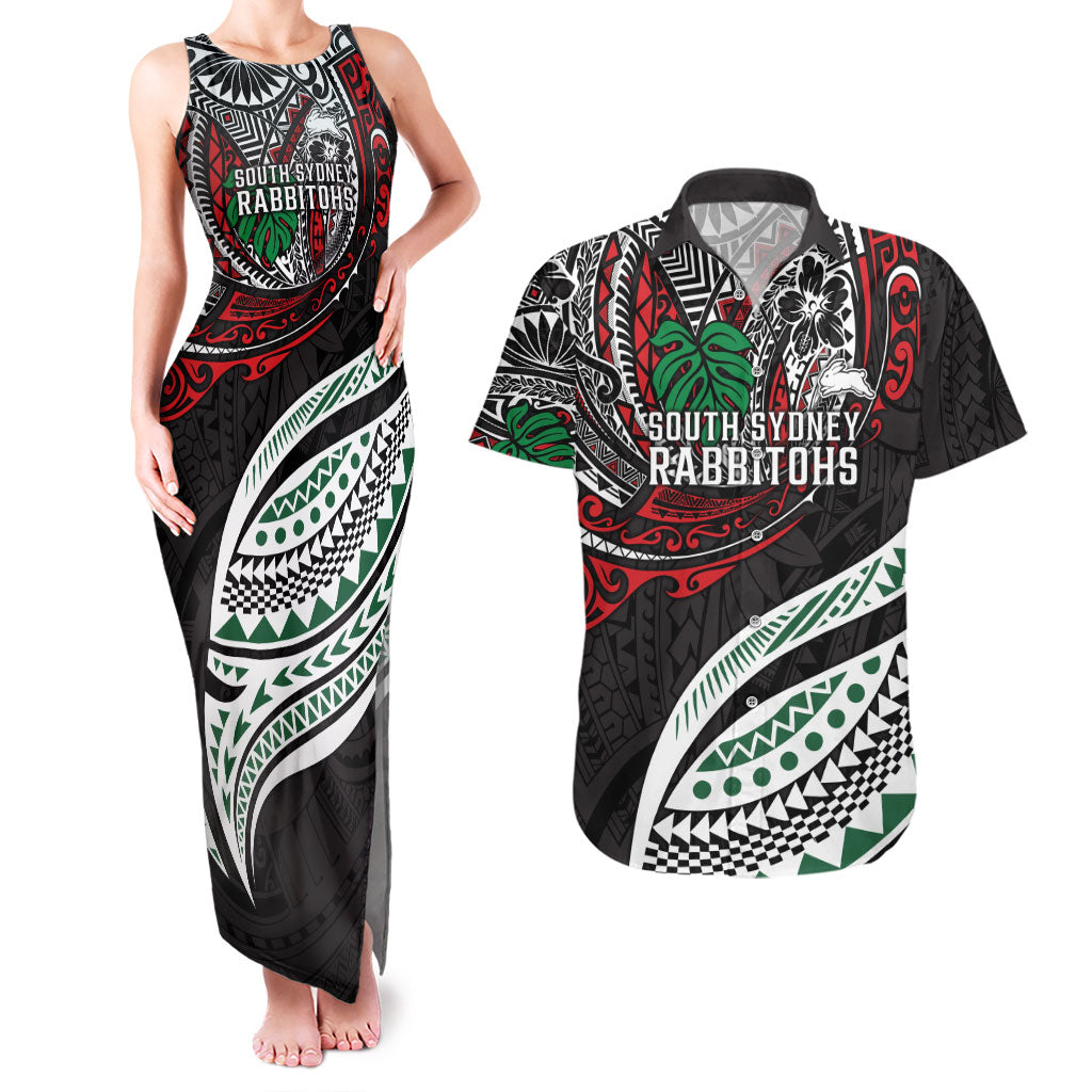Personalised South Sydney Rabbitohs Couples Matching Tank Maxi Dress and Hawaiian Shirt Polynesian Tribal Art Style With Powerful Rabbit Mascot