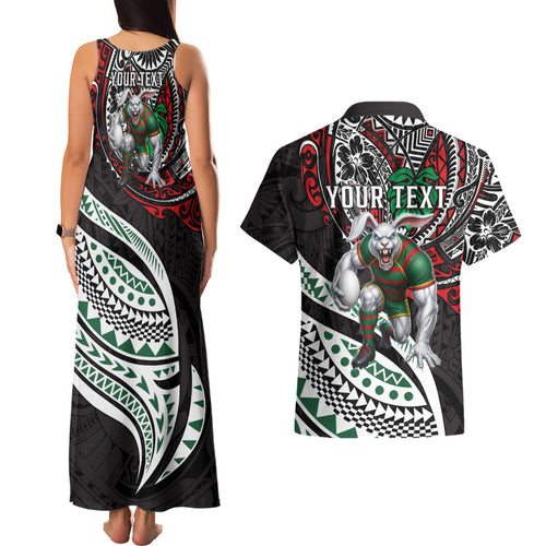 Personalised South Sydney Rabbitohs Couples Matching Tank Maxi Dress and Hawaiian Shirt Polynesian Tribal Art Style With Powerful Rabbit Mascot