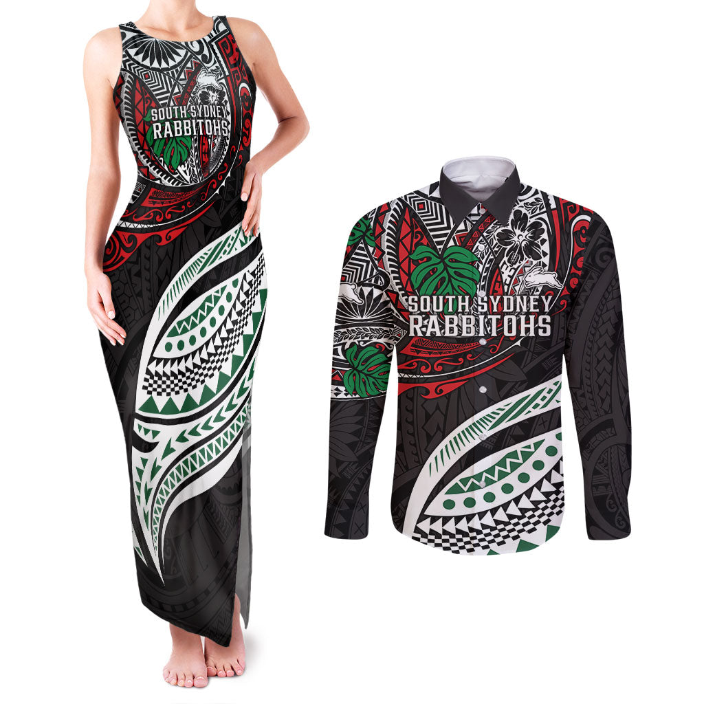 Personalised South Sydney Rabbitohs Couples Matching Tank Maxi Dress and Long Sleeve Button Shirt Polynesian Tribal Art Style With Powerful Rabbit Mascot