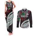 Personalised South Sydney Rabbitohs Couples Matching Tank Maxi Dress and Long Sleeve Button Shirt Polynesian Tribal Art Style With Powerful Rabbit Mascot
