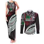 Personalised South Sydney Rabbitohs Couples Matching Tank Maxi Dress and Long Sleeve Button Shirt Polynesian Tribal Art Style With Powerful Rabbit Mascot