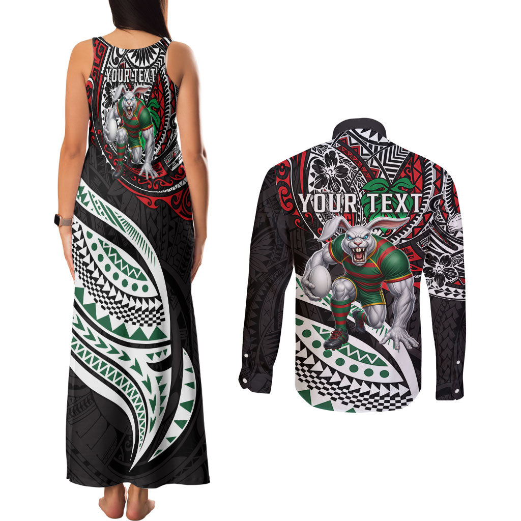 Personalised South Sydney Rabbitohs Couples Matching Tank Maxi Dress and Long Sleeve Button Shirt Polynesian Tribal Art Style With Powerful Rabbit Mascot