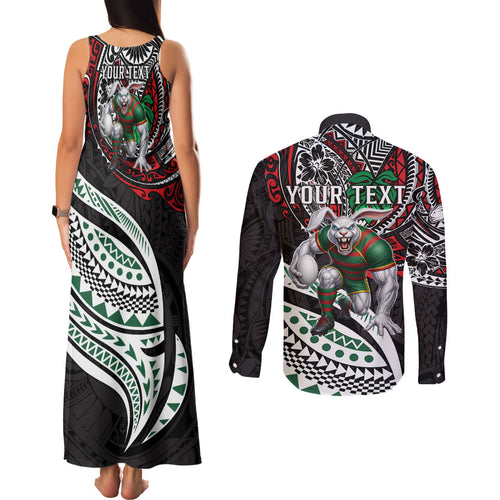 Personalised South Sydney Rabbitohs Couples Matching Tank Maxi Dress and Long Sleeve Button Shirt Polynesian Tribal Art Style With Powerful Rabbit Mascot