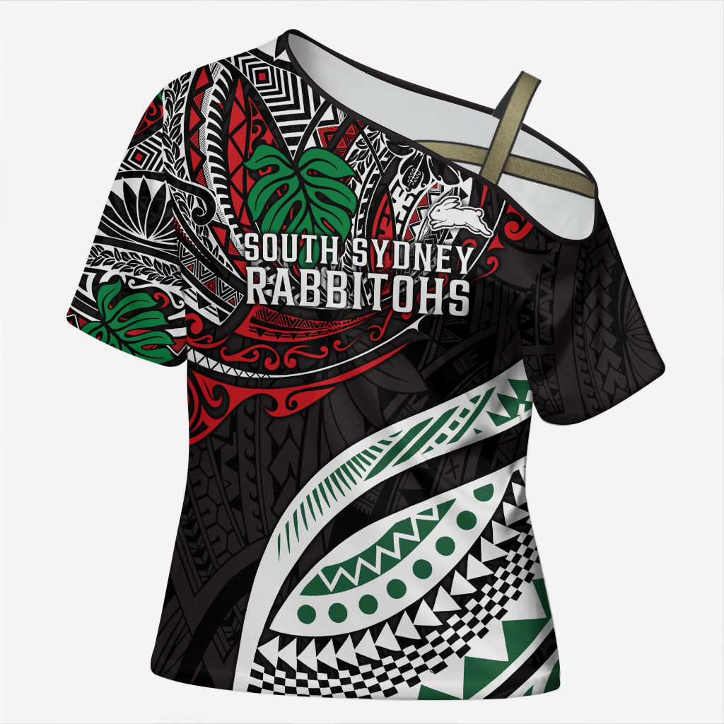 Personalised South Sydney Rabbitohs Cross Shoulder Shirt Polynesian Tribal Art Style With Powerful Rabbit Mascot