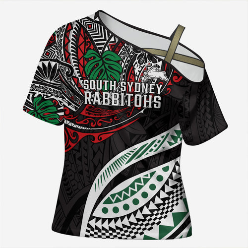 Personalised South Sydney Rabbitohs Cross Shoulder Shirt Polynesian Tribal Art Style With Powerful Rabbit Mascot