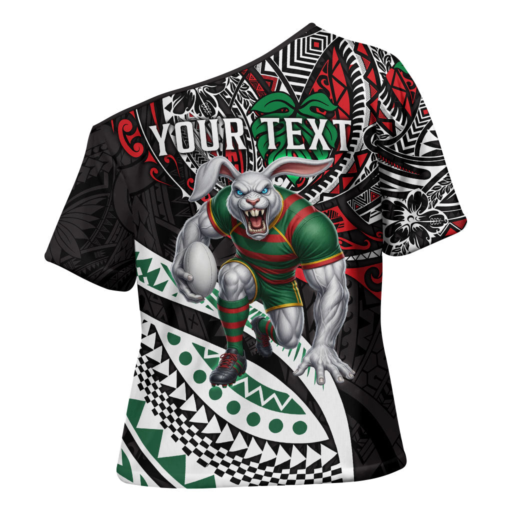 Personalised South Sydney Rabbitohs Cross Shoulder Shirt Polynesian Tribal Art Style With Powerful Rabbit Mascot