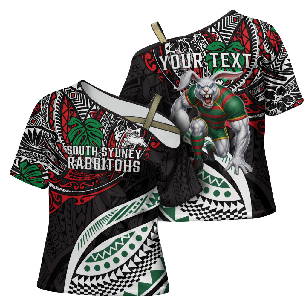 Personalised South Sydney Rabbitohs Cross Shoulder Shirt Polynesian Tribal Art Style With Powerful Rabbit Mascot