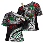 Personalised South Sydney Rabbitohs Cross Shoulder Shirt Polynesian Tribal Art Style With Powerful Rabbit Mascot