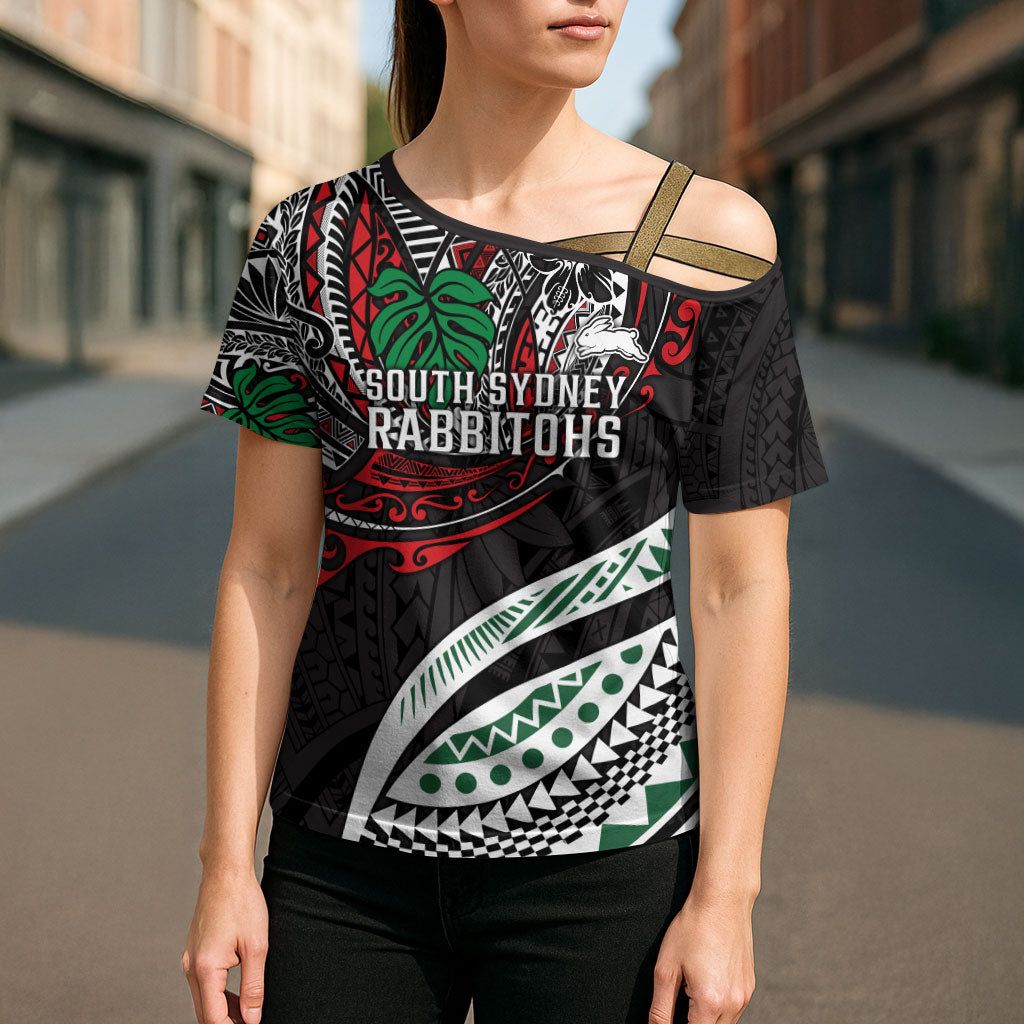 Personalised South Sydney Rabbitohs Cross Shoulder Shirt Polynesian Tribal Art Style With Powerful Rabbit Mascot
