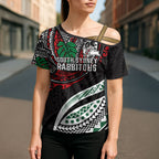 Personalised South Sydney Rabbitohs Cross Shoulder Shirt Polynesian Tribal Art Style With Powerful Rabbit Mascot