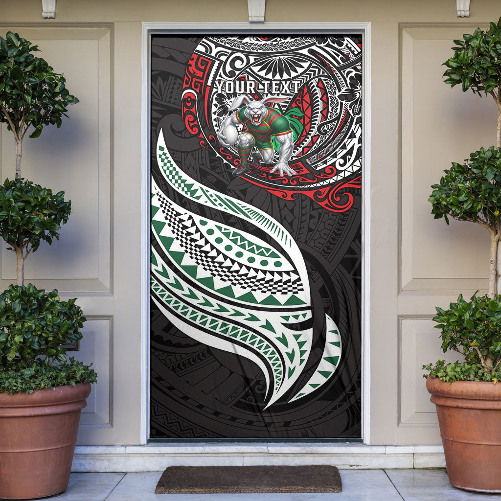 Personalised South Sydney Rabbitohs Door Cover Polynesian Tribal Art Style With Powerful Rabbit Mascot