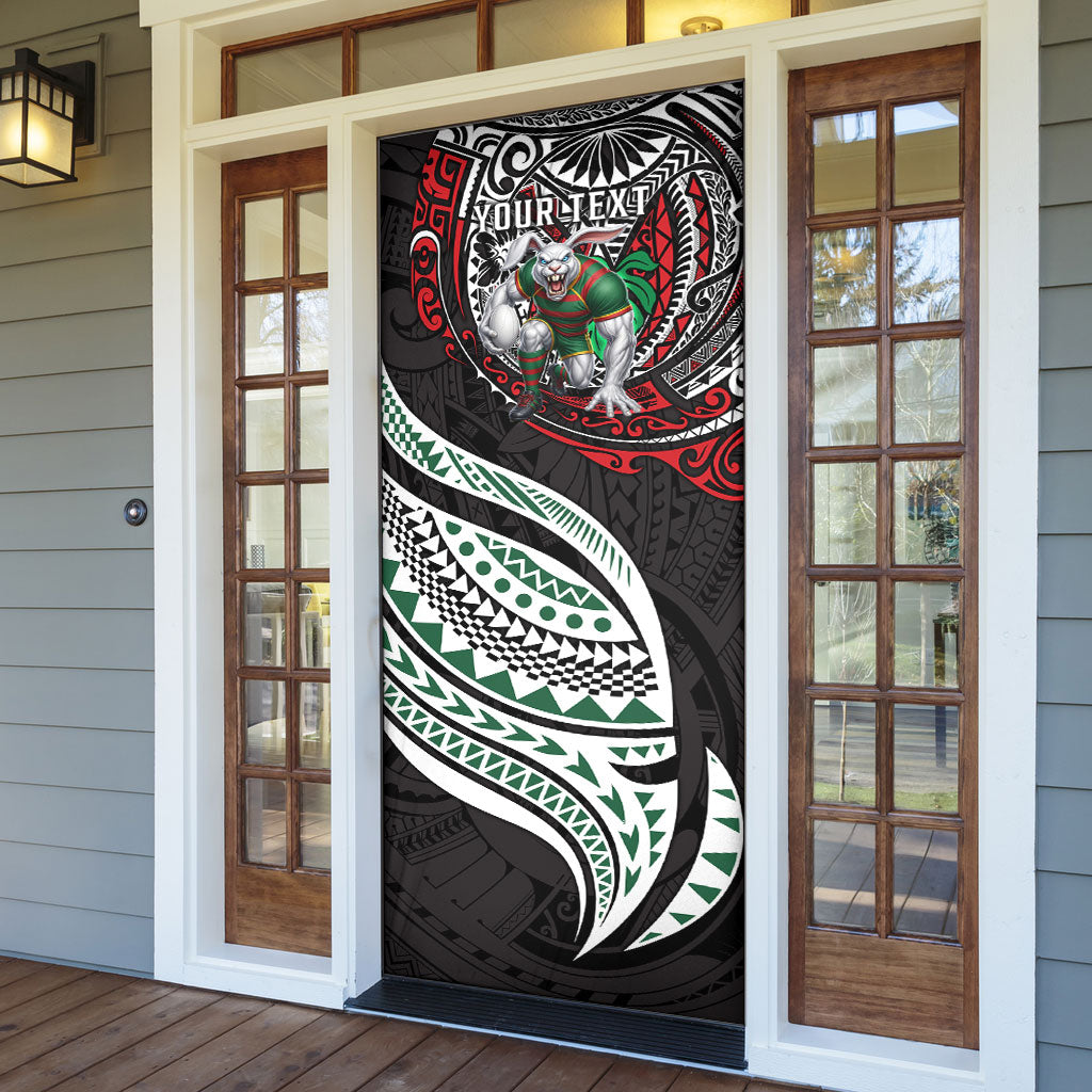 Personalised South Sydney Rabbitohs Door Cover Polynesian Tribal Art Style With Powerful Rabbit Mascot