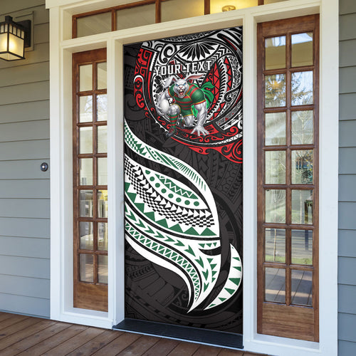 Personalised South Sydney Rabbitohs Door Cover Polynesian Tribal Art Style With Powerful Rabbit Mascot