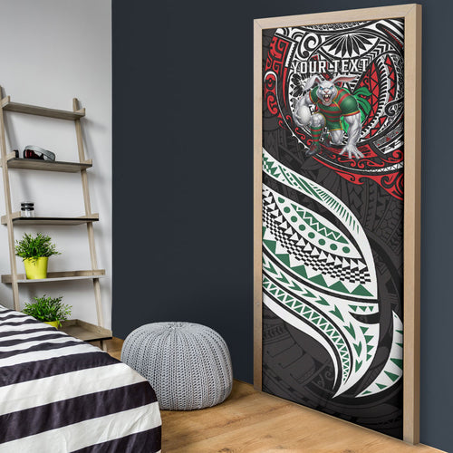 Personalised South Sydney Rabbitohs Door Cover Polynesian Tribal Art Style With Powerful Rabbit Mascot